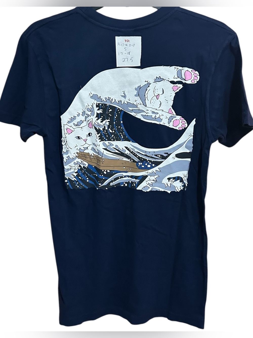 RIPNDIP The Great Wave Of Nerm Navy T Shirt Cat Hokusai Graphic Tee Men's Size S